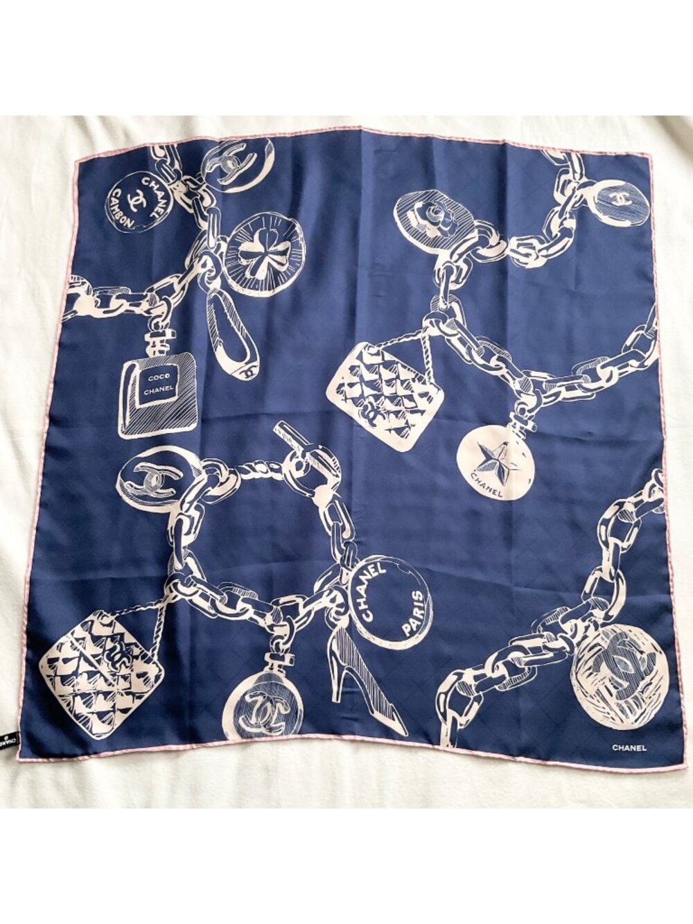 Chanel silk square blue beige scarf 89 by 90 cm purse perfume heel bracelet logo